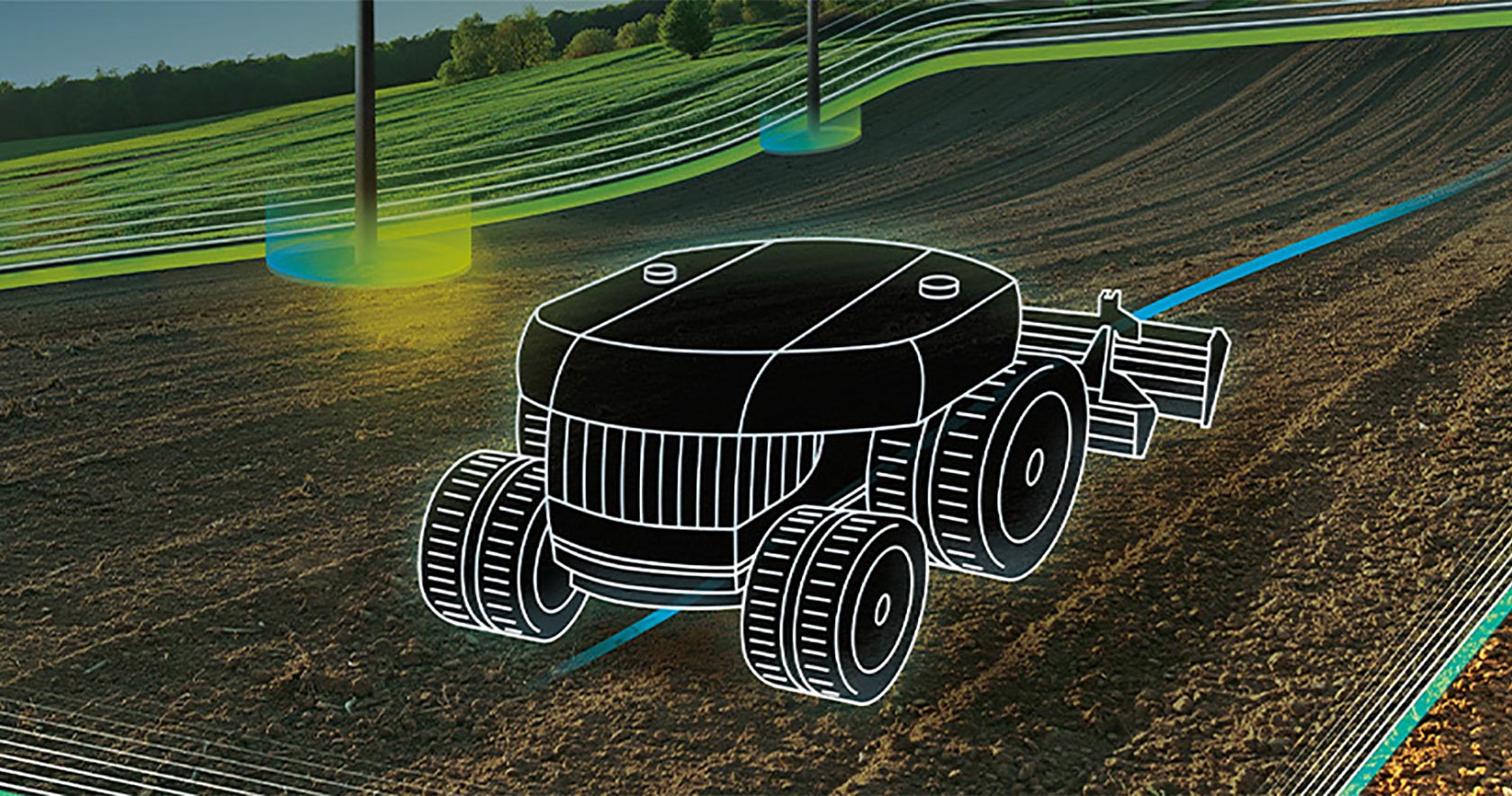 Outline drawing of an autonomous farm implement in a field